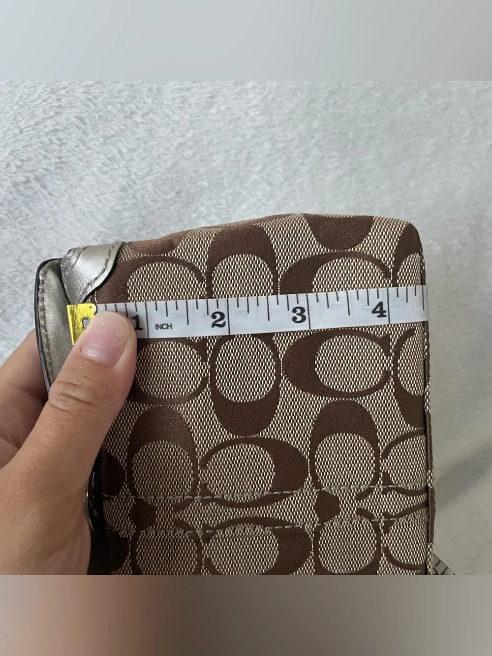 NWOT Coach Brown Signature Canvas Wristlet with Metallic Silver Trim